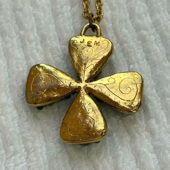 Vintage JEM Gemstone Chips Celtic Cross Necklace Maltese Goldtone Chain Signed - Picture 7 of 7